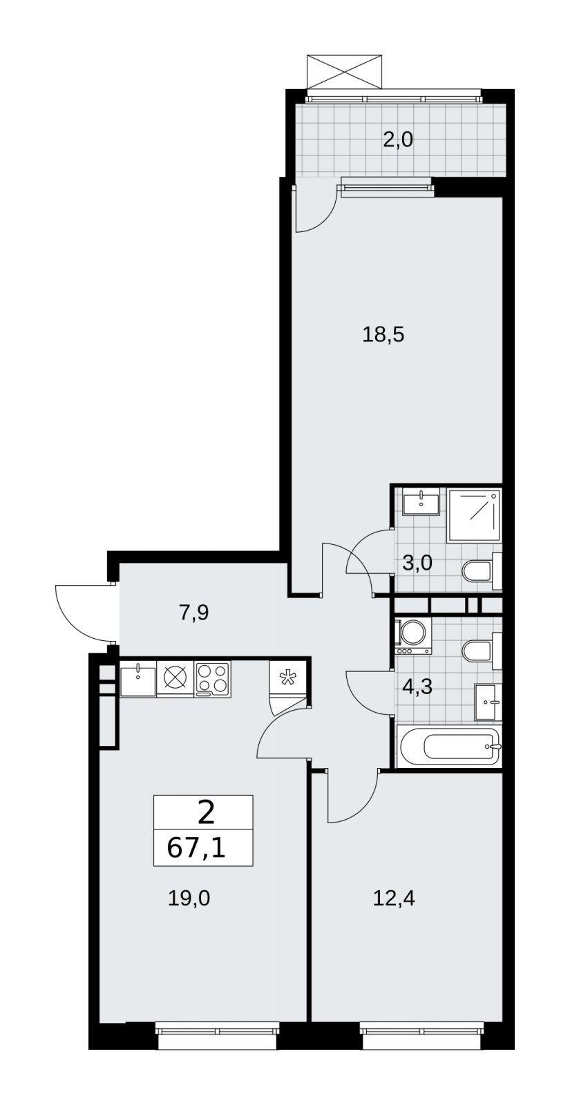 2-комнатная квартира без отделки, 67.1 м2, 9 этаж, сдача 1 квартал 2026 г., ЖК Дзен-кварталы, корпус 4.3 - объявление 2251644 - фото №1