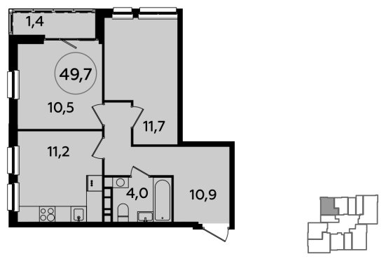 2-комнатная квартира без отделки, 49.7 м2, 11 этаж, сдача 4 квартал 2023 г., ЖК Южные сады, корпус 1.4 - объявление 2300243 - фото №1