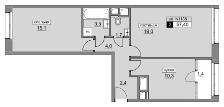 2-комнатная квартира без отделки, 57.4 м2, 13 этаж, сдача 4 квартал 2022 г., ЖК Румянцево-Парк, корпус 3 - объявление 1187328 - фото №1