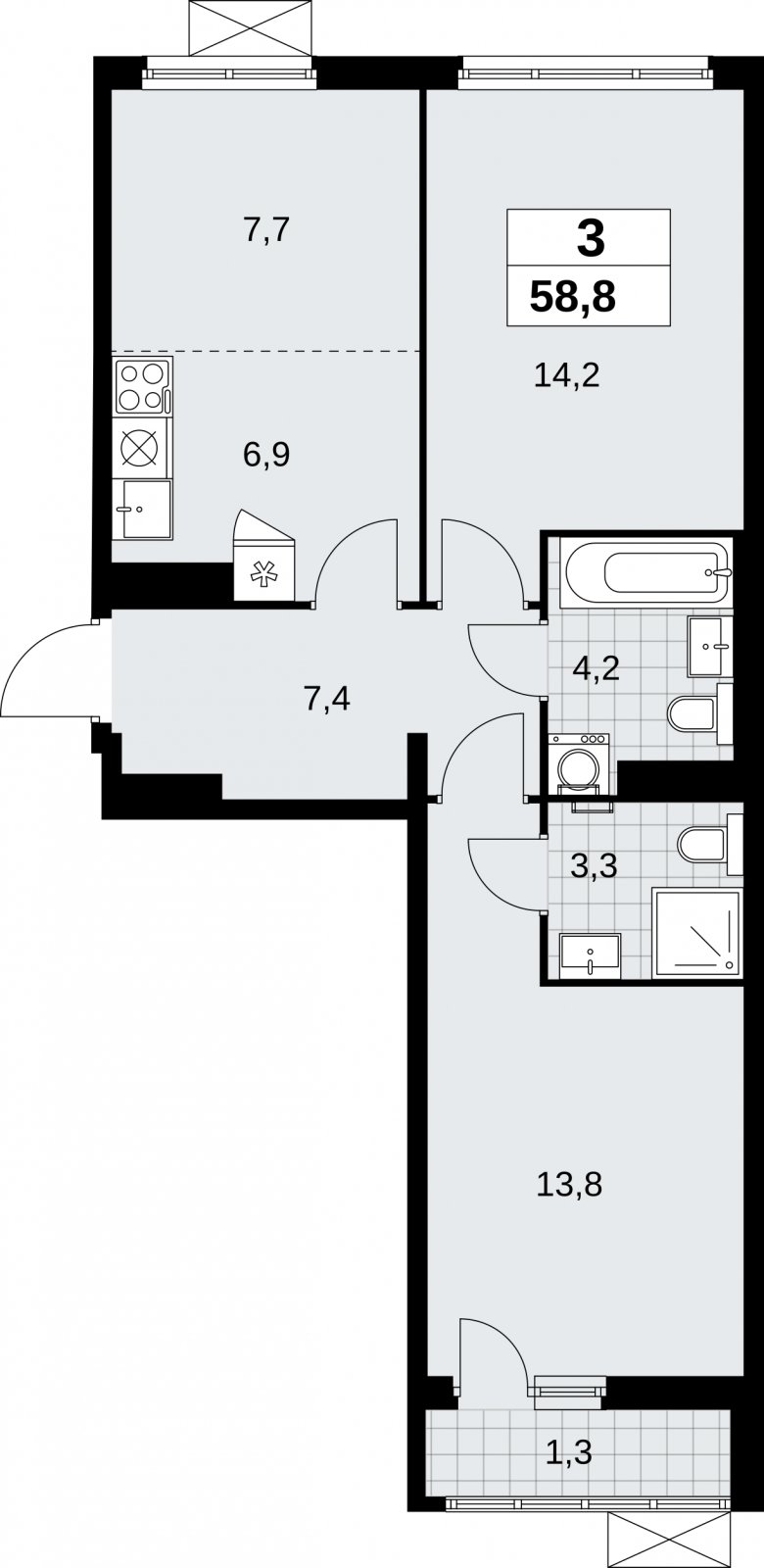 3-комнатная квартира (евро) с полной отделкой, 58.8 м2, 10 этаж, сдача 3 квартал 2026 г., ЖК Дзен-кварталы, корпус 6.1.3 - объявление 2327416 - фото №1