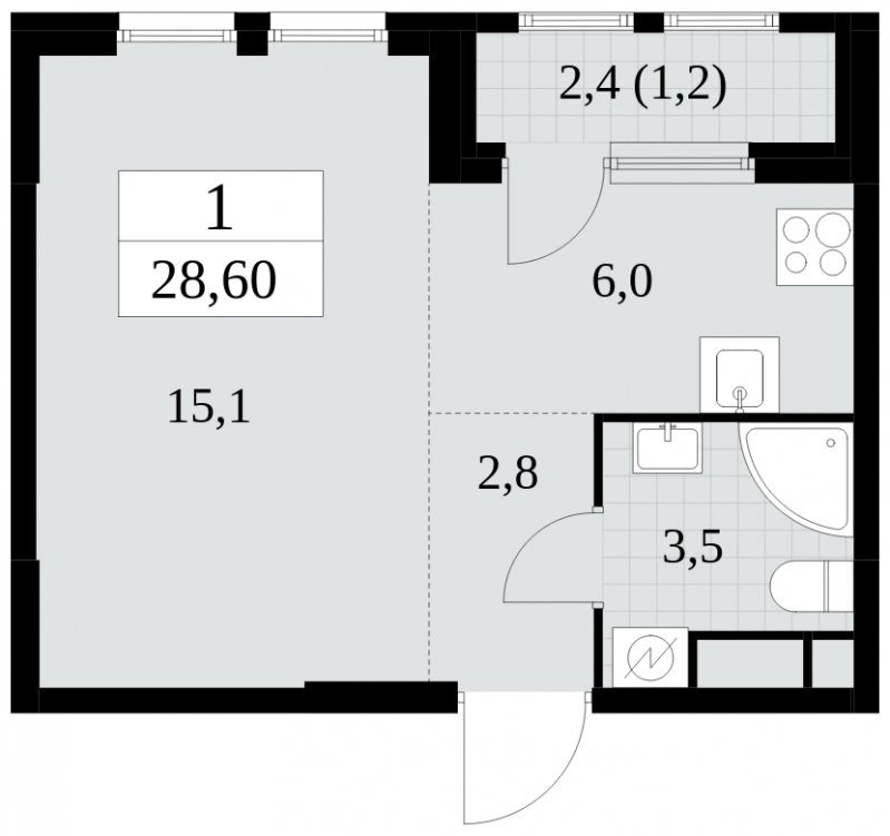 Студия с частичной отделкой, 28.6 м2, 8 этаж, сдача 2 квартал 2025 г., ЖК Южные сады, корпус 2.2 - объявление 1757512 - фото №1