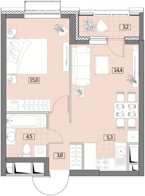 2-комнатная квартира (евро) без отделки, 44.5 м2, 4 этаж, сдача 2 квартал 2022 г., ЖК Вестердам, корпус 4 - объявление 1283910 - фото №1