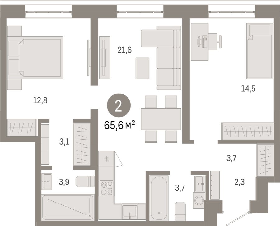 2-комнатная квартира 65.6 м2, 3 этаж, сдача 3 квартал 2026 г., ЖК Квартал Метроном, корпус 1 - объявление 2330837 - фото №1