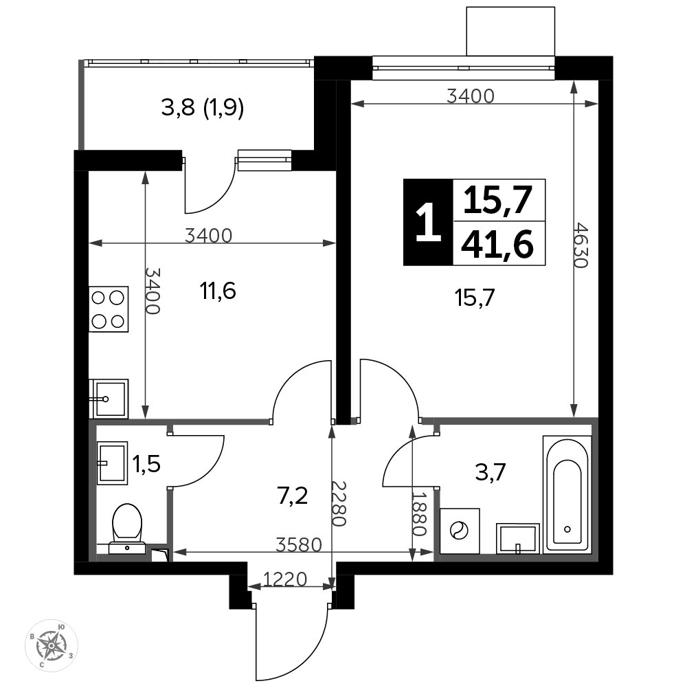 1-комнатная квартира без отделки, 42.5 м2, 4 этаж, дом сдан, ЖК Южная Битца, корпус 12 - объявление 2401717 - фото №1