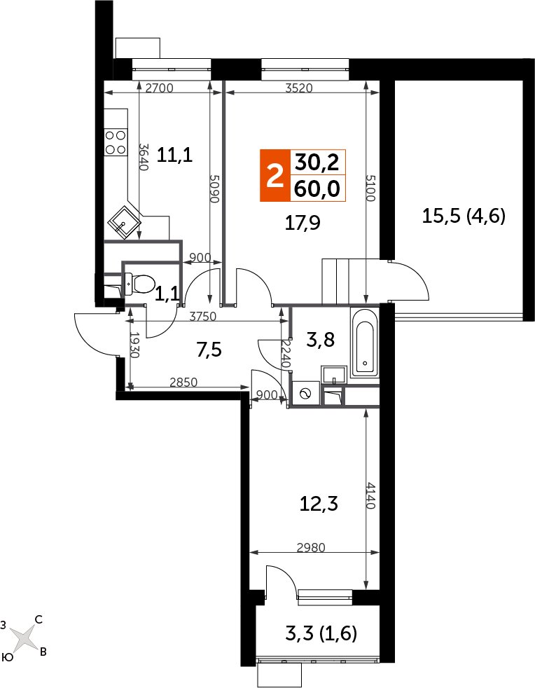 2-комнатная квартира без отделки, 59.7 м2, 10 этаж, дом сдан, ЖК Датский квартал, корпус 2 - объявление 2403642 - фото №1