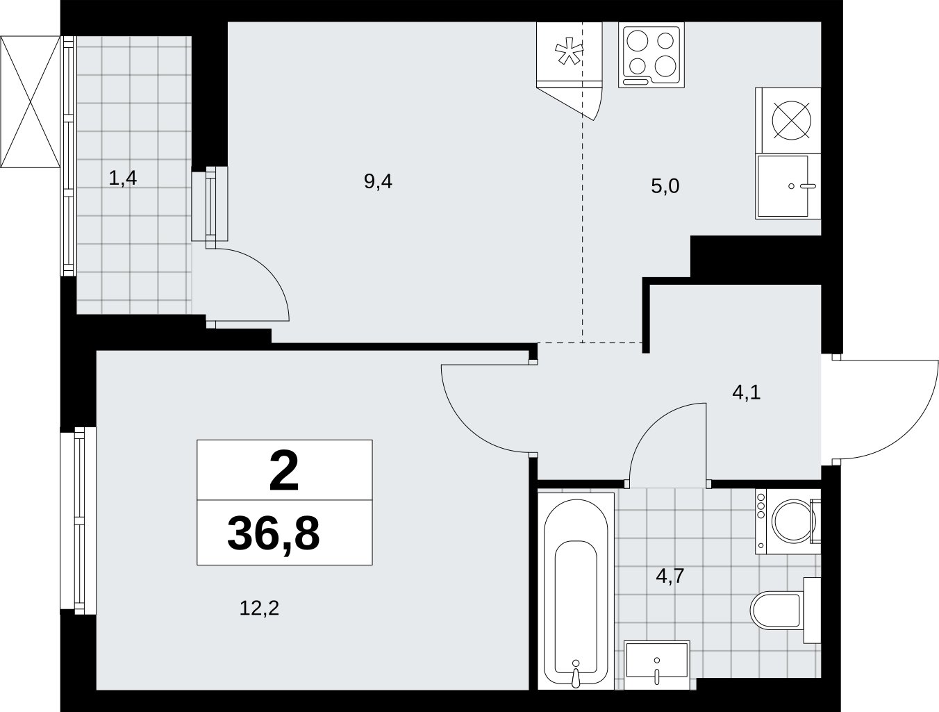 2-комнатная квартира (евро) без отделки, 36.8 м2, 10 этаж, сдача 2 квартал 2026 г., ЖК Дзен-кварталы, корпус 6.1.2 - объявление 2327292 - фото №1