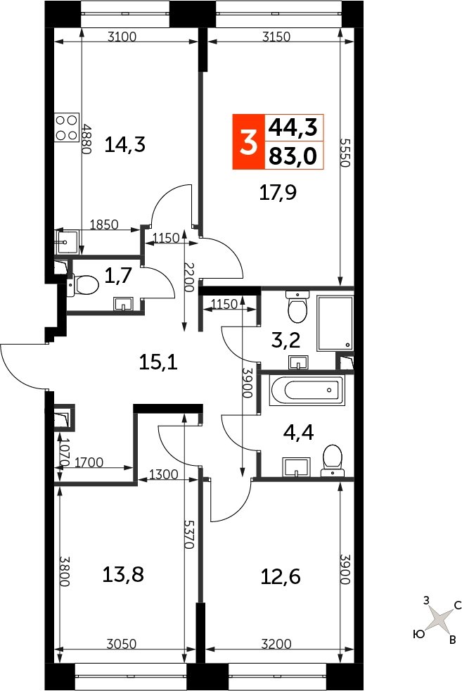 3-комнатная квартира с частичной отделкой, 83 м2, 19 этаж, сдача 3 квартал 2024 г., ЖК Sydney City, корпус 2.1 - объявление 2299338 - фото №1