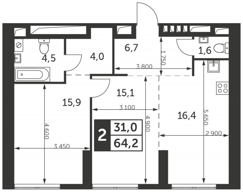 2-комнатная квартира без отделки, 64.2 м2, 41 этаж, сдача 4 квартал 2023 г., ЖК Архитектор, корпус 2 - объявление 1710122 - фото №1