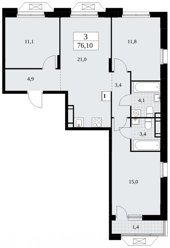 3-комнатная квартира с частичной отделкой, 76.1 м2, 13 этаж, сдача 4 квартал 2024 г., ЖК Бунинские кварталы, корпус 1.2 - объявление 1834531 - фото №1