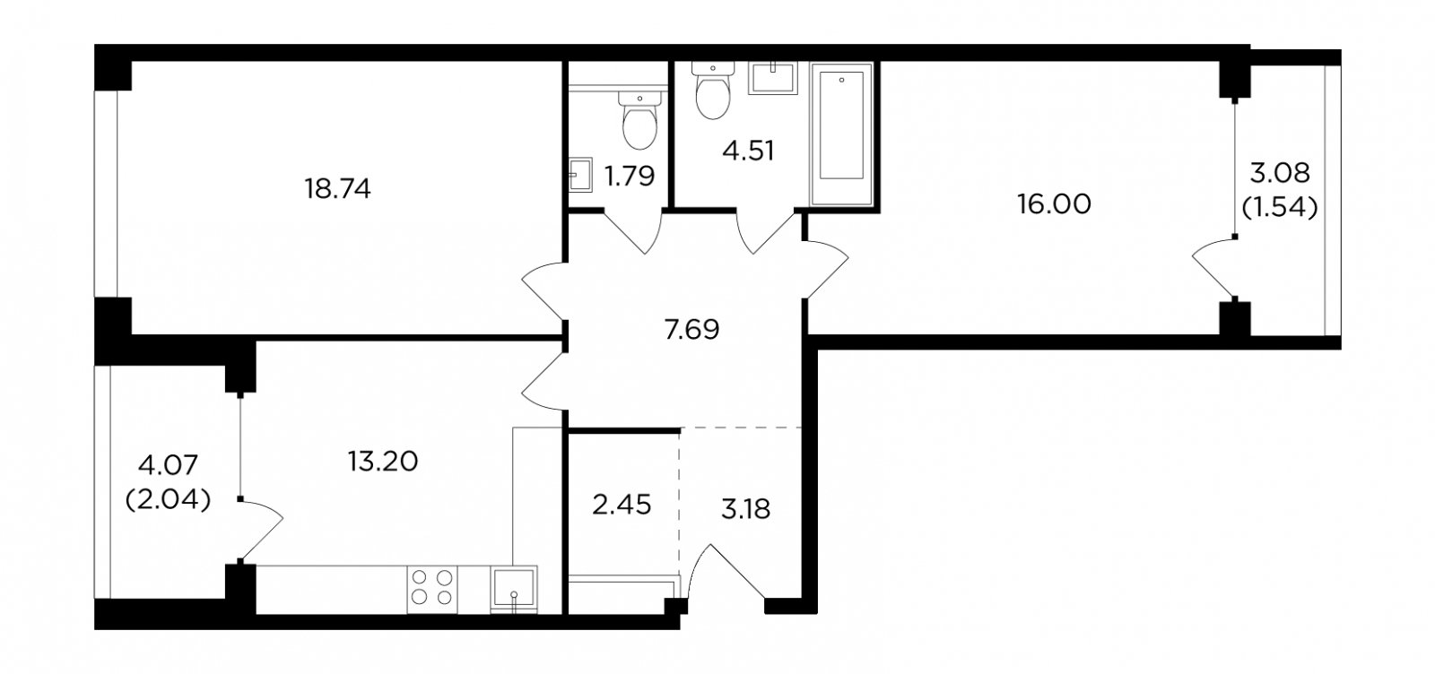 2-комнатная квартира без отделки, 71.14 м2, 9 этаж, дом сдан, ЖК RiverSky, корпус 8 - объявление 2139112 - фото №1