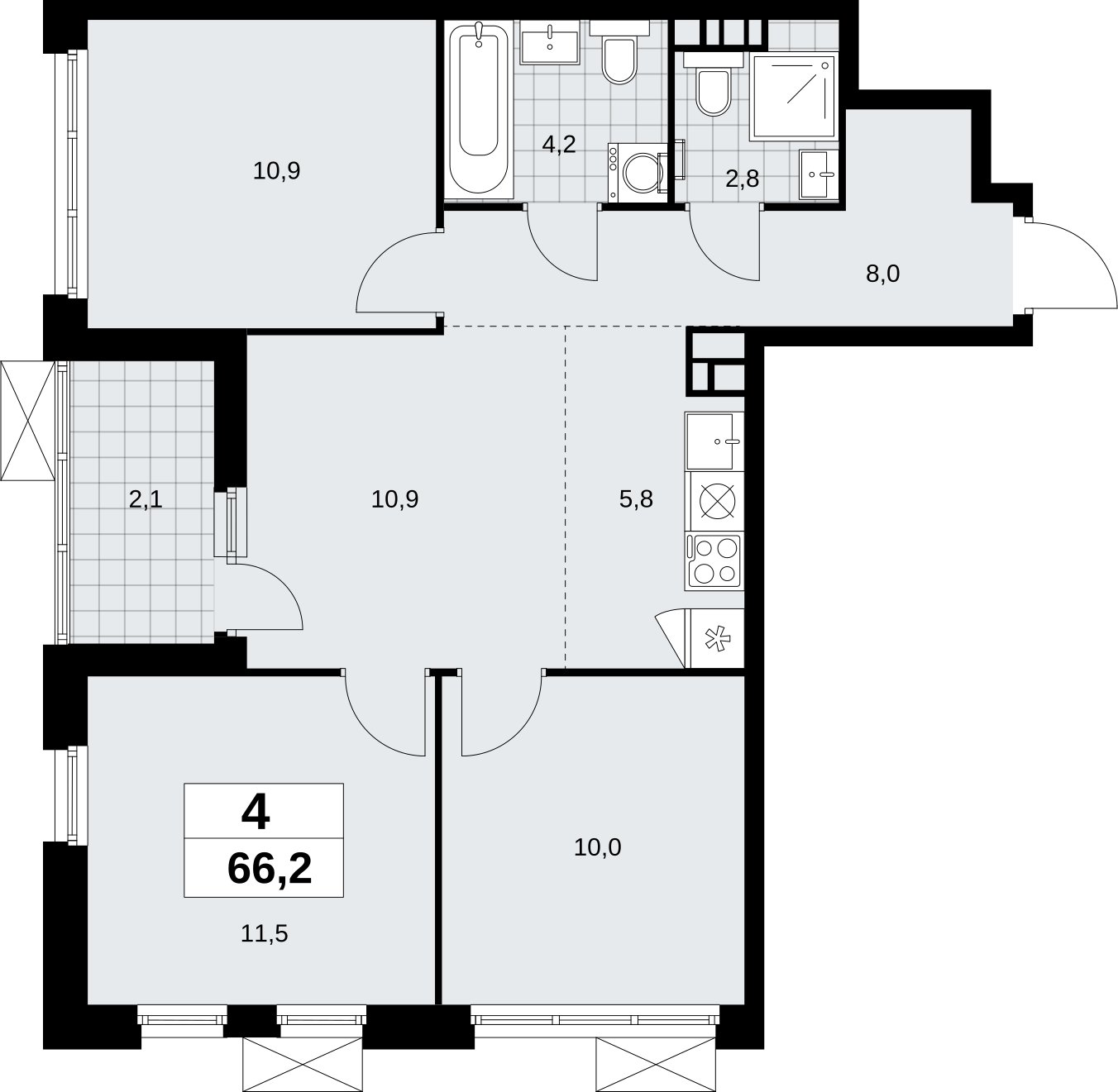 4-комнатная квартира (евро) без отделки, 66.2 м2, 7 этаж, сдача 4 квартал 2026 г., ЖК Скандинавия, корпус 2.18.1.3 - объявление 2350799 - фото №1