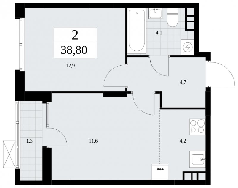 2-комнатная квартира (евро) с частичной отделкой, 38.8 м2, 4 этаж, сдача 3 квартал 2025 г., ЖК Дзен-кварталы, корпус 2.2 - объявление 1932460 - фото №1