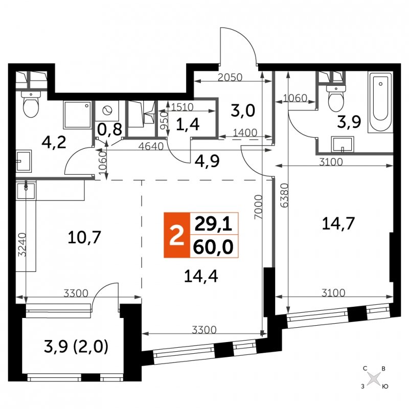 2-комнатная квартира с частичной отделкой, 60 м2, 18 этаж, сдача 4 квартал 2024 г., ЖК ROTTERDAM, корпус 2.3 - объявление 1849306 - фото №1