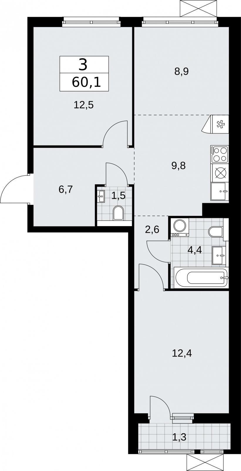 3-комнатная квартира (евро) с полной отделкой, 60.1 м2, 4 этаж, сдача 2 квартал 2026 г., ЖК Бунинские кварталы, корпус 7.1 - объявление 2319487 - фото №1