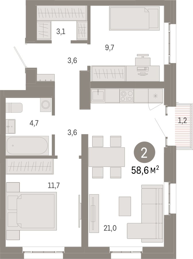2-комнатная квартира с частичной отделкой, 58.6 м2, 13 этаж, сдача 3 квартал 2026 г., ЖК Квартал Метроном, корпус 1 - объявление 2300637 - фото №1