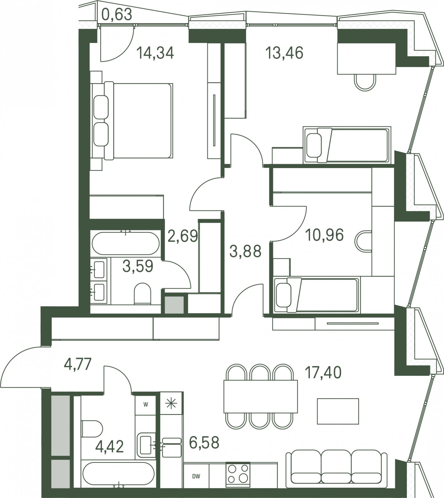 3-комнатная квартира с частичной отделкой, 82.29 м2, 16 этаж, сдача 3 квартал 2025 г., ЖК Moments, корпус 1 - объявление 2290315 - фото №1