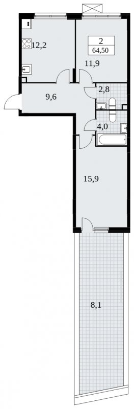 2-комнатная квартира без отделки, 64.5 м2, 2 этаж, сдача 4 квартал 2024 г., ЖК Скандинавия, корпус 35.2.1 - объявление 1840924 - фото №1