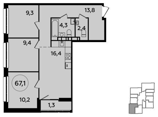 3-комнатная квартира без отделки, 67.1 м2, 15 этаж, сдача 1 квартал 2024 г., ЖК Южные сады, корпус 1.2 - объявление 1512180 - фото №1