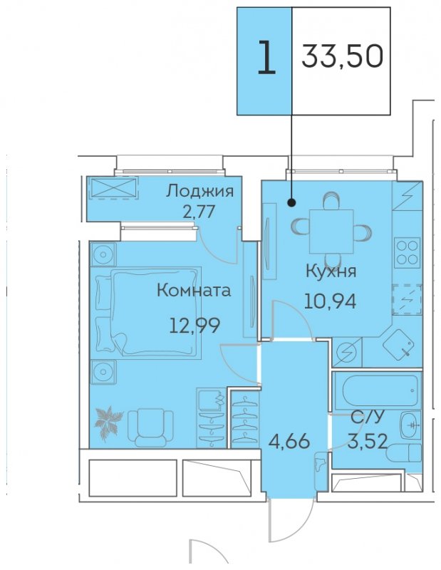 1-комнатная квартира с частичной отделкой, 33.5 м2, 12 этаж, сдача 3 квартал 2023 г., ЖК Аквилон BESIDE, корпус 1 - объявление 1419254 - фото №1