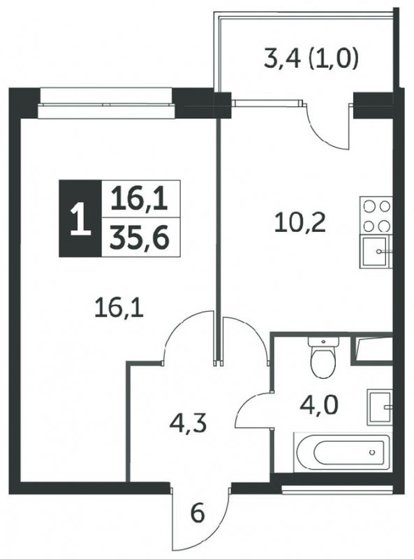 1-комнатная квартира без отделки, 35.8 м2, 2 этаж, сдача 4 квартал 2023 г., ЖК Датский квартал, корпус 2 - объявление 1568378 - фото №1