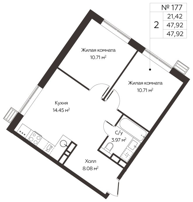 2-комнатная квартира с полной отделкой, 47.92 м2, 19 этаж, сдача 3 квартал 2024 г., ЖК МелисСад, корпус 1 - объявление 1861133 - фото №1