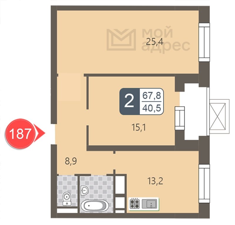 2-комнатная квартира с полной отделкой, 67.8 м2, 25 этаж, дом сдан, ЖК мой адрес На Береговом, корпус Южный квартал - объявление 1866979 - фото №1