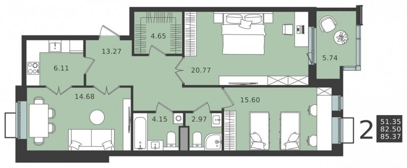 3-комнатная квартира (евро) без отделки, 85.37 м2, 4 этаж, сдача 1 квартал 2024 г., ЖК Мишино-2, корпус 6 - объявление 1949104 - фото №1