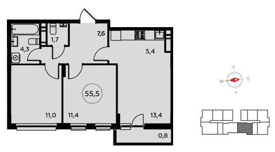 3-комнатная квартира (евро) без отделки, 55.5 м2, 15 этаж, сдача 4 квартал 2022 г., ЖК Белые ночи, корпус 3.2 - объявление 1408962 - фото №1