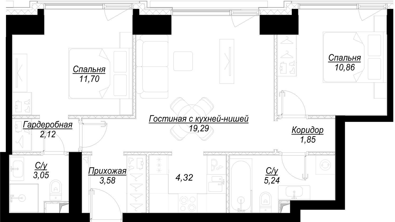 2-комнатная квартира с частичной отделкой, 62.17 м2, 9 этаж, дом сдан, ЖК Hide, корпус RiverSide - объявление 2336097 - фото №1