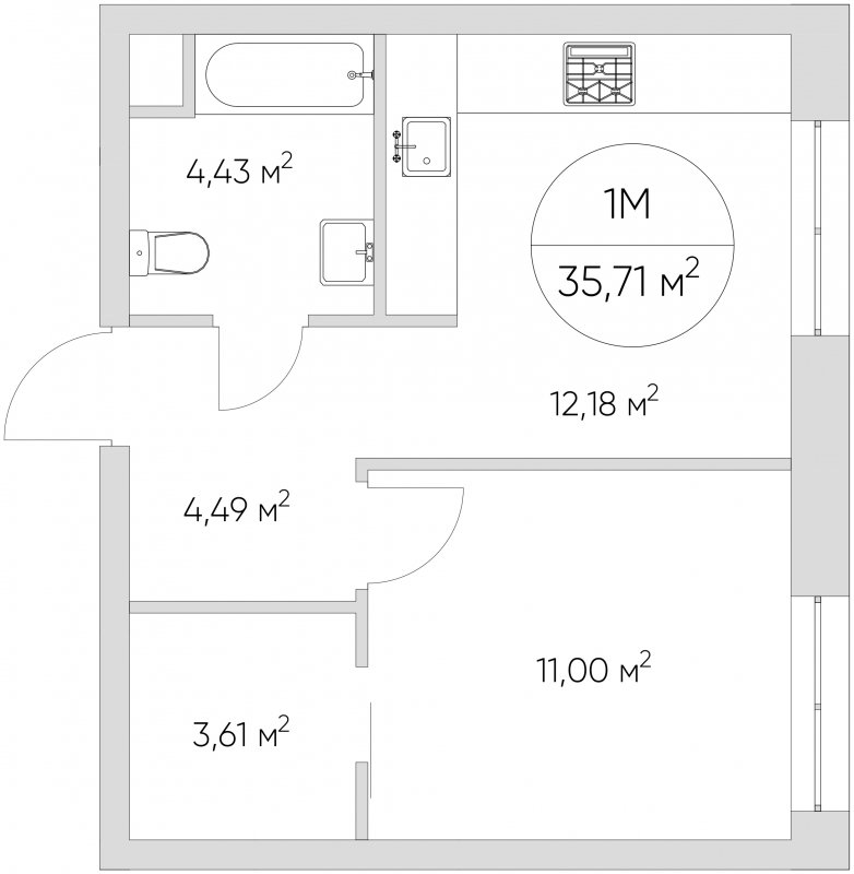 1-комнатные апартаменты с частичной отделкой, 35.71 м2, 4 этаж, сдача 1 квартал 2024 г., ЖК N'ICE LOFT, корпус 5 - объявление 1659001 - фото №1