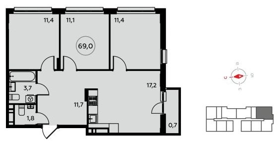 3-комнатная квартира с полной отделкой, 69 м2, 12 этаж, сдача 1 квартал 2023 г., ЖК Белые ночи, корпус 3.1 - объявление 1408822 - фото №1