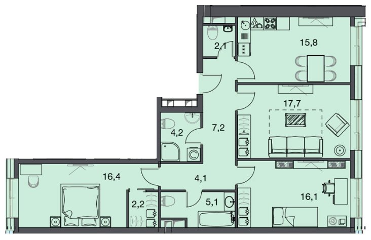 3-комнатная квартира с частичной отделкой, 102.4 м2, 9 этаж, дом сдан, ЖК Фили Сити, корпус 3 - объявление 1526572 - фото №1