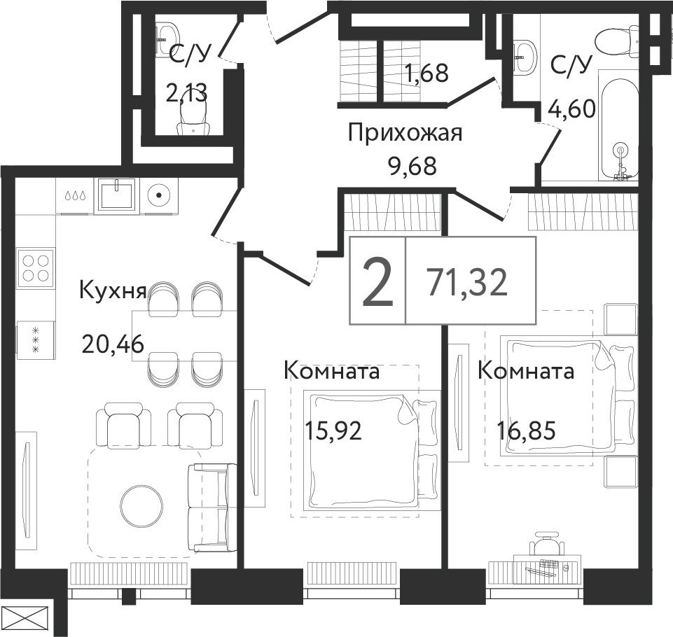 2-комнатная квартира без отделки, 71.32 м2, 2 этаж, сдача 3 квартал 2023 г., ЖК Dream Towers, корпус 2 - объявление 2261209 - фото №1
