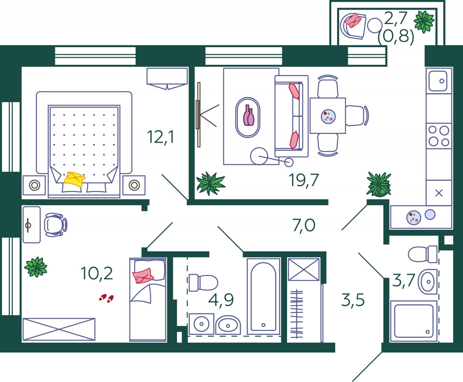 2-комнатная квартира без отделки, 61.9 м2, 13 этаж, сдача 1 квартал 2024 г., ЖК SHAGAL, корпус 1.6 - объявление 2071624 - фото №1