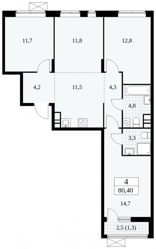 4-комнатная квартира (евро) без отделки, 80.4 м2, 9 этаж, сдача 1 квартал 2025 г., ЖК Прокшино, корпус 5.2.3 - объявление 1751403 - фото №1