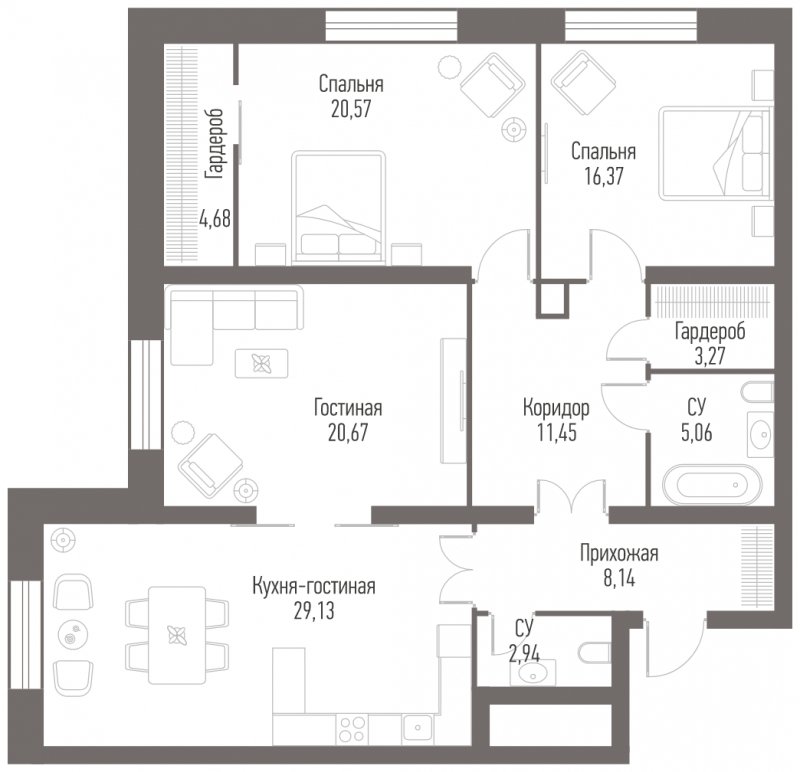 3-комнатные апартаменты с частичной отделкой, 122.28 м2, 20 этаж, сдача 2 квартал 2022 г., ЖК Alcon Tower, корпус 1 - объявление 1511602 - фото №1