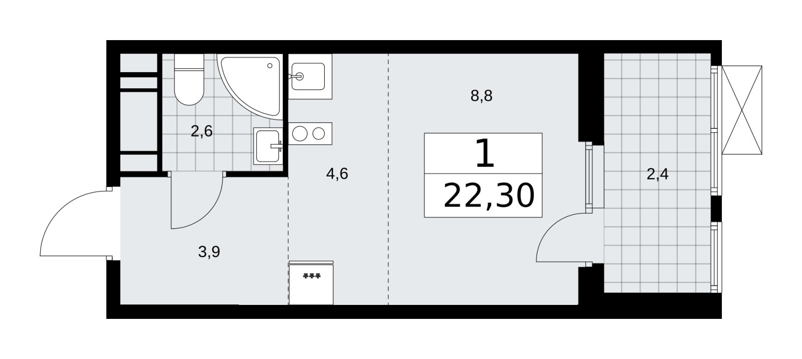 Студия с частичной отделкой, 22.3 м2, 15 этаж, сдача 4 квартал 2025 г., ЖК Бунинские кварталы, корпус 3.5 - объявление 2152247 - фото №1