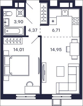 1-комнатная квартира с частичной отделкой, 42.22 м2, 24 этаж, сдача 2 квартал 2025 г., ЖК Квартал Тетрис, корпус "Квартал Тетрис 2.2" - объявление 2379006 - фото №1