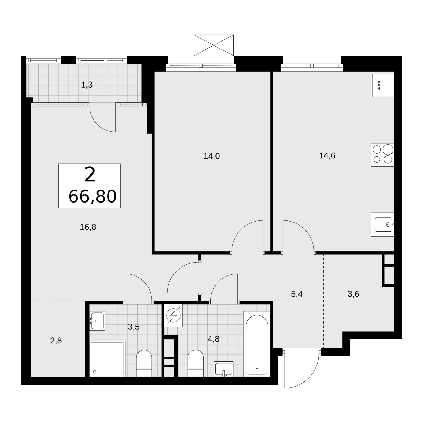 2-комнатная квартира с частичной отделкой, 66.8 м2, 7 этаж, сдача 1 квартал 2026 г., ЖК Дом на Зорге, корпус 25 - объявление 2221189 - фото №1
