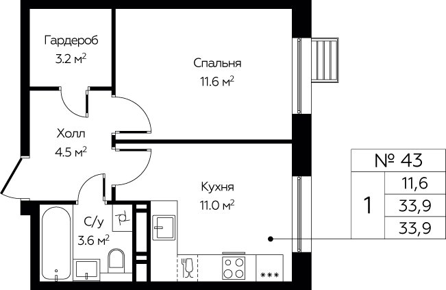 1-комнатная квартира с полной отделкой, 33.9 м2, 4 этаж, сдача 4 квартал 2025 г., ЖК Эко Бунино, корпус Я-15 - объявление 2060941 - фото №1