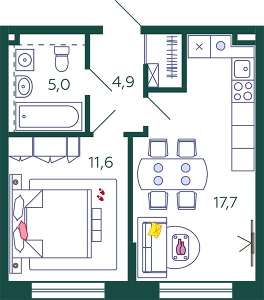 1-комнатная квартира без отделки, 39.2 м2, 2 этаж, сдача 4 квартал 2023 г., ЖК SHAGAL, корпус 1.4 - объявление 1997527 - фото №1