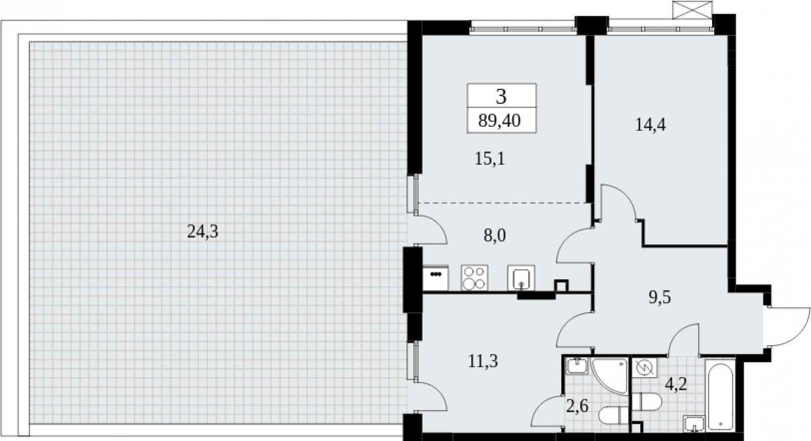 3-комнатная квартира (евро) с частичной отделкой, 89.4 м2, 2 этаж, сдача 4 квартал 2024 г., ЖК Бунинские кварталы, корпус 1.1 - объявление 2052297 - фото №1