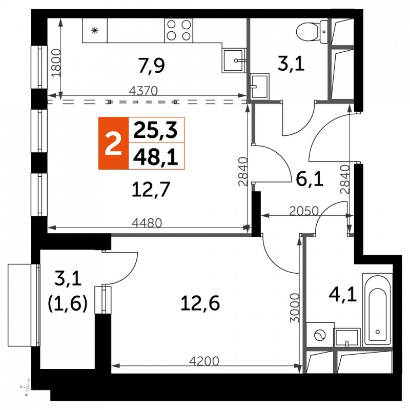 2-комнатная квартира с частичной отделкой, 48.1 м2, 2 этаж, сдача 3 квартал 2023 г., ЖК UP-квартал Римский, корпус 7 - объявление 1710738 - фото №1