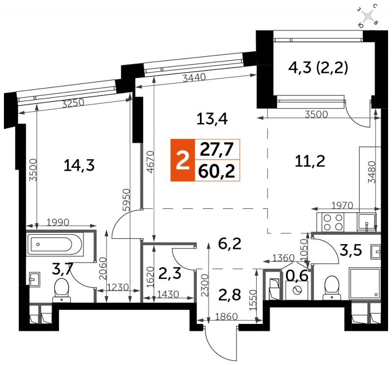 2-комнатная квартира с частичной отделкой, 60.1 м2, 6 этаж, сдача 4 квартал 2024 г., ЖК ROTTERDAM, корпус 2.1 - объявление 1652433 - фото №1