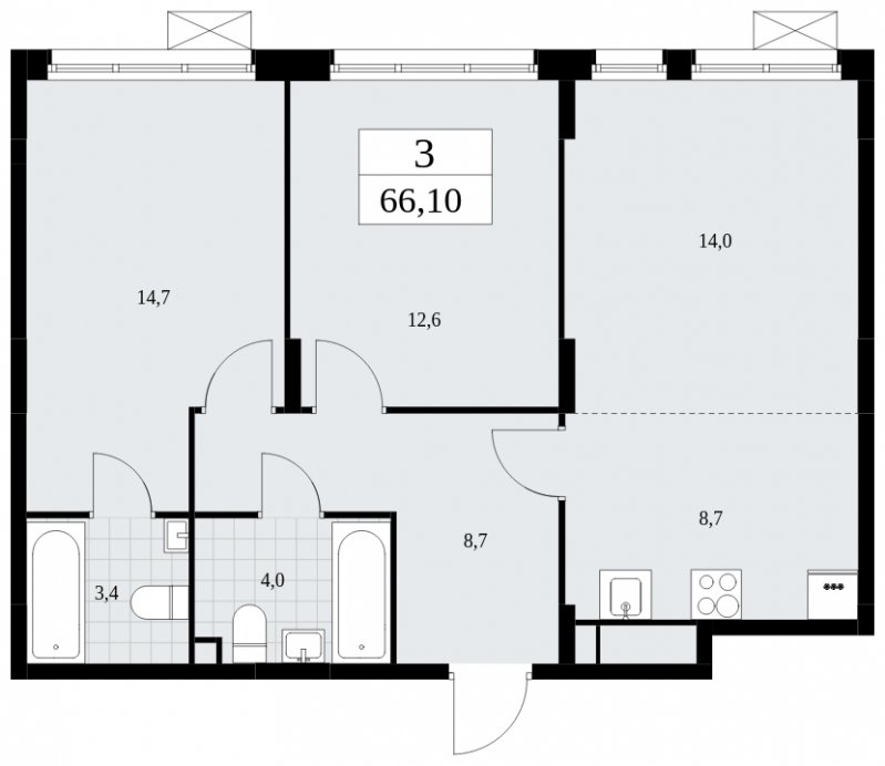 3-комнатная квартира (евро) с частичной отделкой, 66.1 м2, 2 этаж, сдача 1 квартал 2025 г., ЖК Дзен-кварталы, корпус 1.2 - объявление 1895717 - фото №1