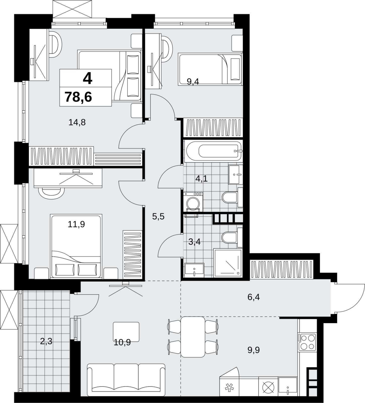 4-комнатная квартира (евро) с полной отделкой, 78.6 м2, 7 этаж, сдача 1 квартал 2027 г., ЖК Скандинавия, корпус 2.18.2.3 - объявление 2351372 - фото №1