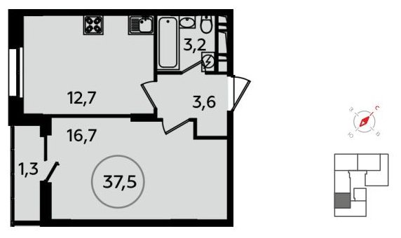 1-комнатная квартира без отделки, 37.5 м2, 11 этаж, сдача 1 квартал 2022 г., ЖК Скандинавия, корпус 13.1 - объявление 1411566 - фото №1