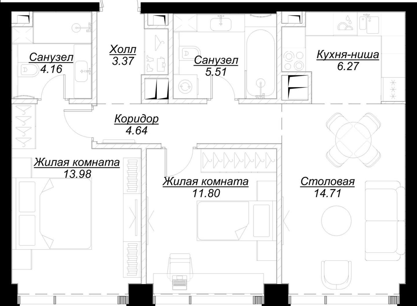 2-комнатная квартира с частичной отделкой, 64.32 м2, 30 этаж, сдача 4 квартал 2024 г., ЖК MOD, корпус Dreiser - объявление 2193773 - фото №1