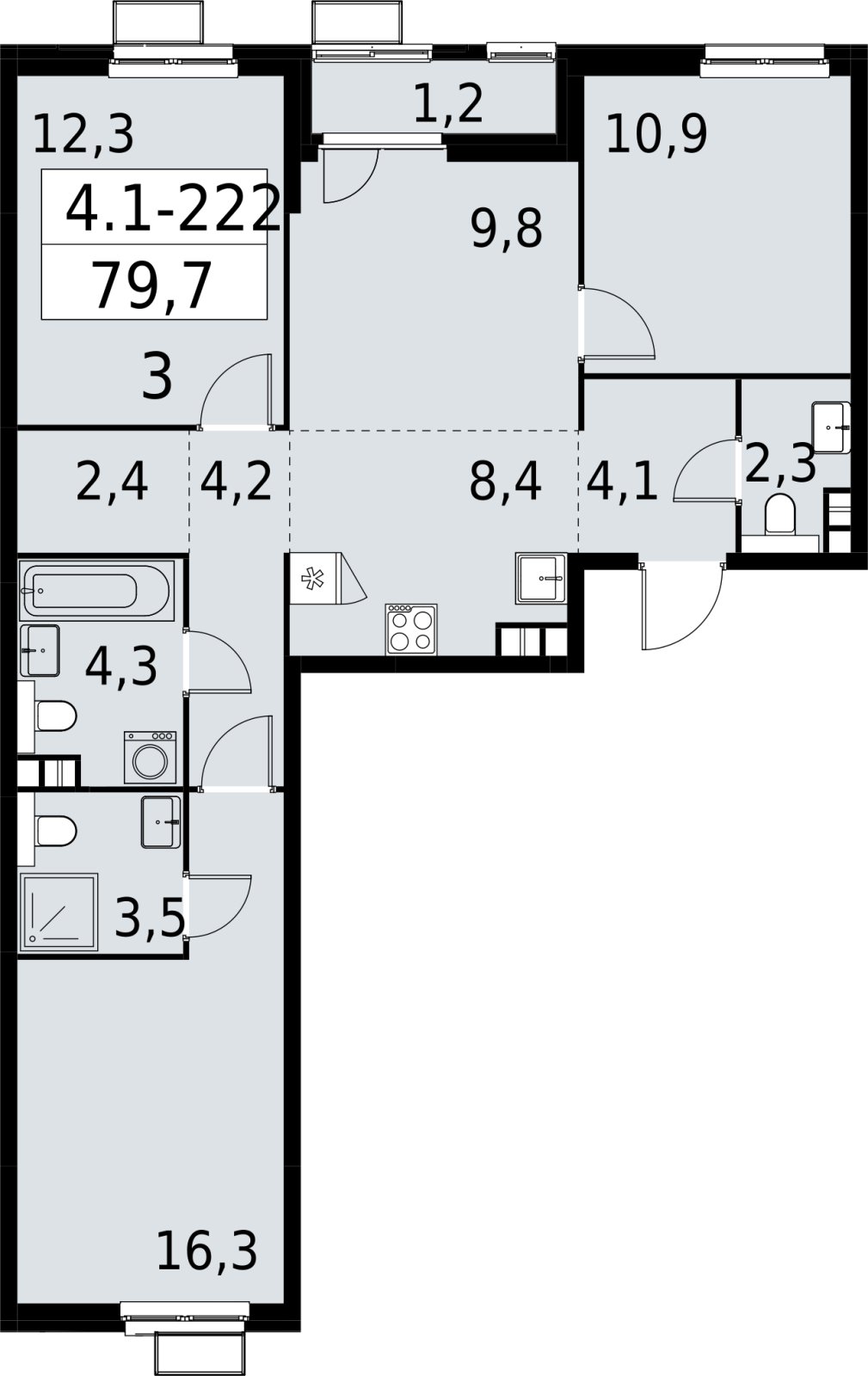 4-комнатная квартира (евро) с полной отделкой, 79.7 м2, 5 этаж, сдача 2 квартал 2027 г., ЖК Южные сады, корпус 4.1.2 - объявление 2392741 - фото №1