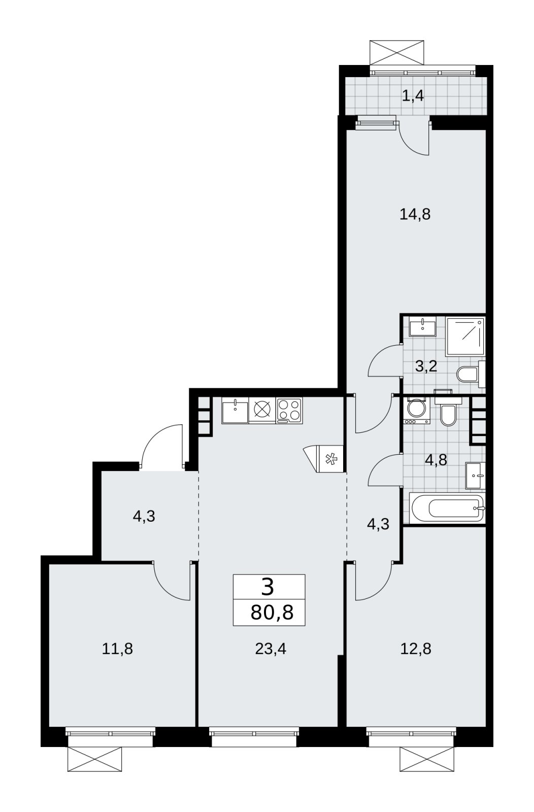 3-комнатная квартира без отделки, 80.8 м2, 5 этаж, сдача 2 квартал 2026 г., ЖК Скандинавия, корпус 25.5 - объявление 2283696 - фото №1